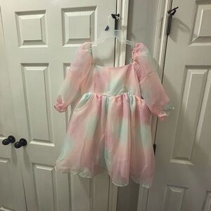 Pastel Pink and Green Puff Sleeve Dress